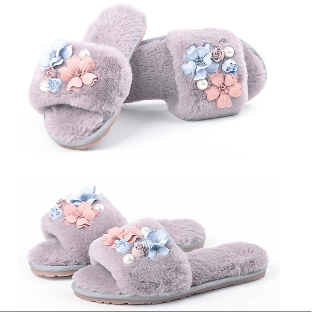 Bijoux Flower Fur flat home slippers sandals Gray